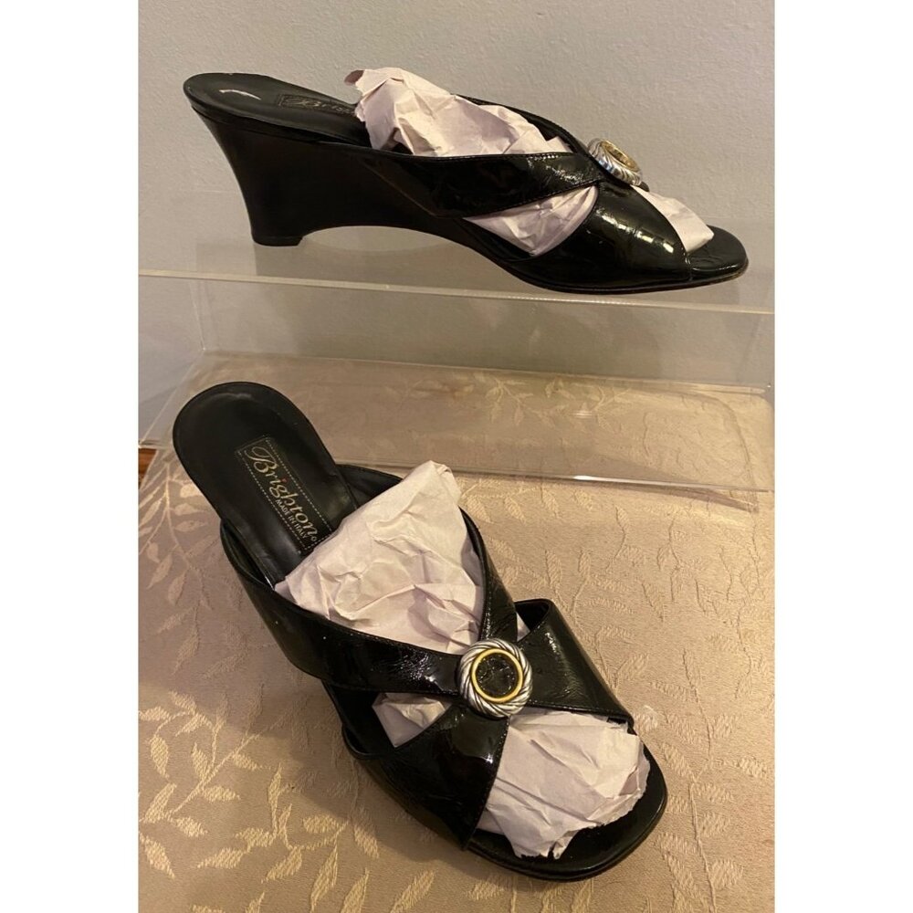 Brighton Chorus Black Patent Leather Wedge Sandal 2.5" Heel made in Italy 7.5 - Picture 3 of 7
